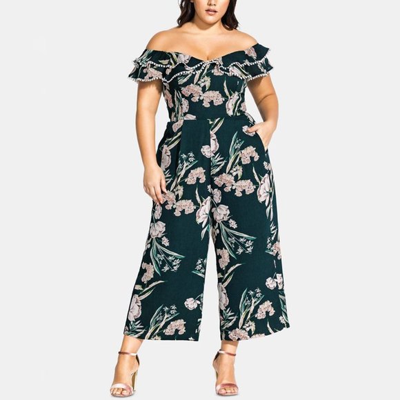 City Chic Pants - City Chic Jumpsuit Plus Size Women Wide-Leg Off Shoulder Floral Print Pant Green